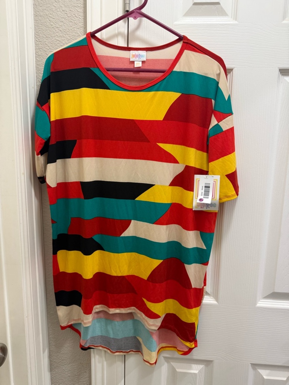 LuLaRoe Red Yellow Teal Abstract Stripe Irma Tunic